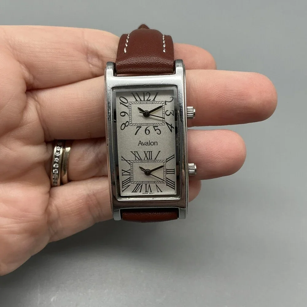 Avalon Dual Time Womens Watch 23mm Silver Dial Brown Leather Strap New Battery